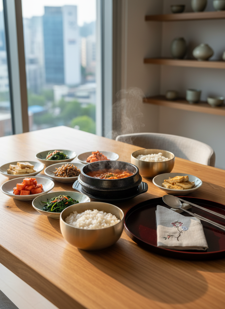 A meticulously arranged wooden table in a modern Seoul apartment, covered with a vibrant Korean meal: glossy brass bowls filled with steaming white rice, colorful banchan in small ceramic dishes, and a central stone pot of bubbling kimchi jjigae. Beside it, a neatly folded hanbok-inspired linen napkin introduces a traditional motif. The scene is set near a large window, with soft late-afternoon natural light creating gentle highlights on the metal chopsticks and subtle reflections on the lacquered tray. The background shows a blurred hint of minimalist shelves with contemporary Korean pottery. Photographic realism, shot at eye level with a shallow depth of field, creating an intimate, bold yet uncluttered atmosphere that feels warmly inviting and authentically Korean.
